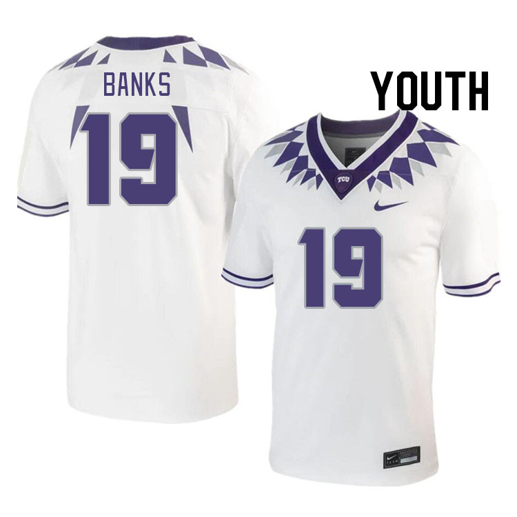 Youth #19 Shadrach Banks TCU Horned Frogs 2023 College Footbal Jerseys Stitched-White - Click Image to Close